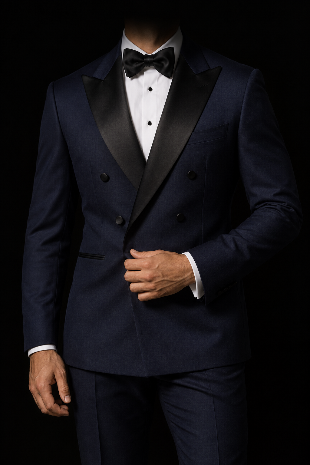 The Statement: Deep navy · Double-breasted tuxedo on a human model