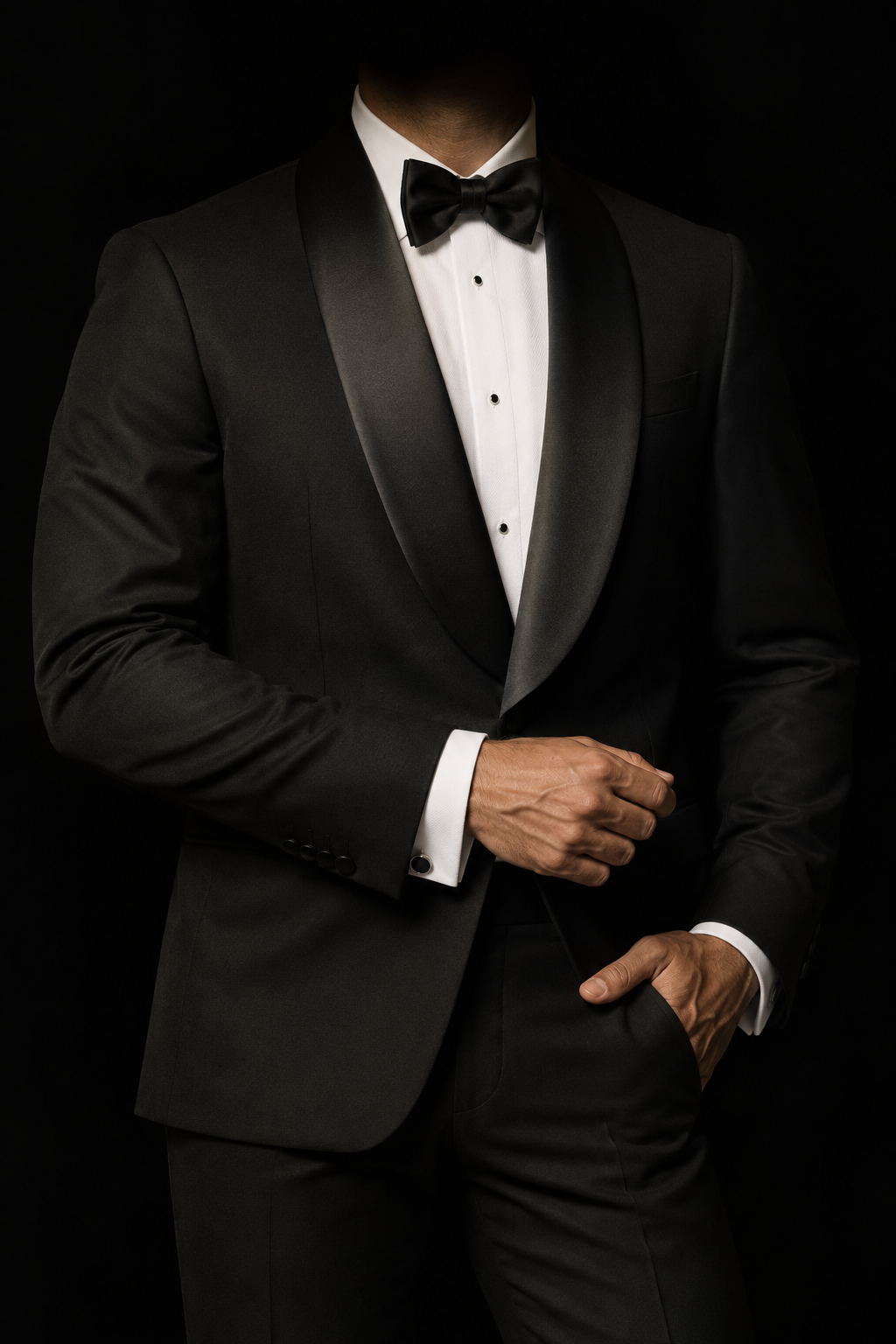 A human model in a black satin-lapel tuxedo, adjusting his cuff with his face fading into studio shadow